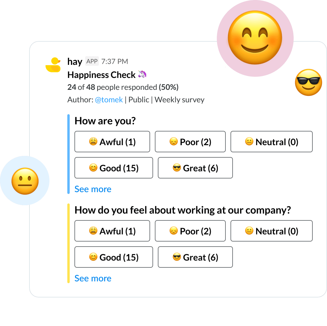 Happiness Check survey where You can see the author, surveys type and current user votes