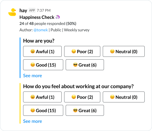 Screenshot of a Happiness Check survey in a messaging app, conducted by the 'hay' bot. It shows responses from 24 of 48 participants. The first question, 'How are you?', has responses: Awful (1), Poor (2), Neutral (0), Good (15), and Great (6). The second question, 'How do you feel about working at our company?', has the same response breakdown.