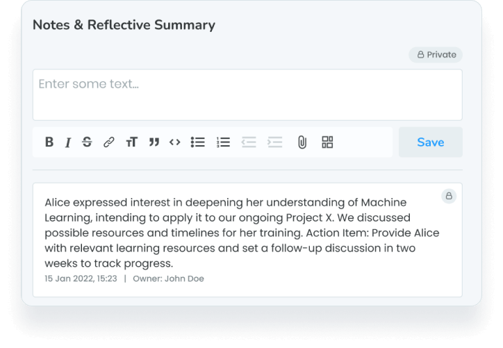 Screenshot of a Notes & Reflective Summary interface. It includes a text input area with formatting options and a saved note. The note mentions Alice's interest in learning more about Machine Learning for Project X, with a follow-up scheduled in two weeks. The note is owned by John Doe, dated January 15, 2022, at 15:23.